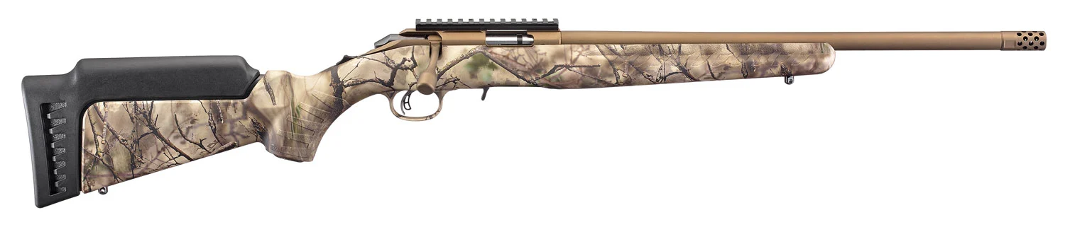 Ruger 8372 American Rimfire Full Size 22 LR 9+1 18" Bronze Cerakote Threaded Barrel, Bronze Cerakote Picatinny Rail Steel Receiver, GoWild Camo I-M Brush Synthetic Fixed Stock, Right Hand
