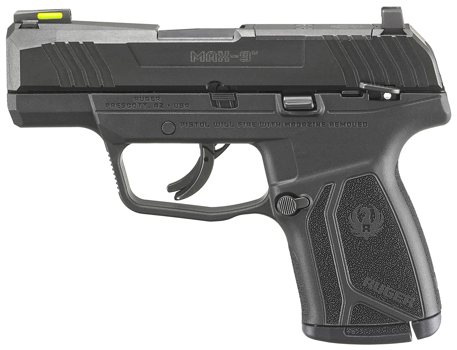 Ruger 3501 Max-9 9mm Luger 10+1 3.20" Black Oxide Alloy Steel Barrel, Black Oxide Optic Ready/Serrated Steel Slide, Black Polymer Frame, Black Polymer Grip, Right Hand