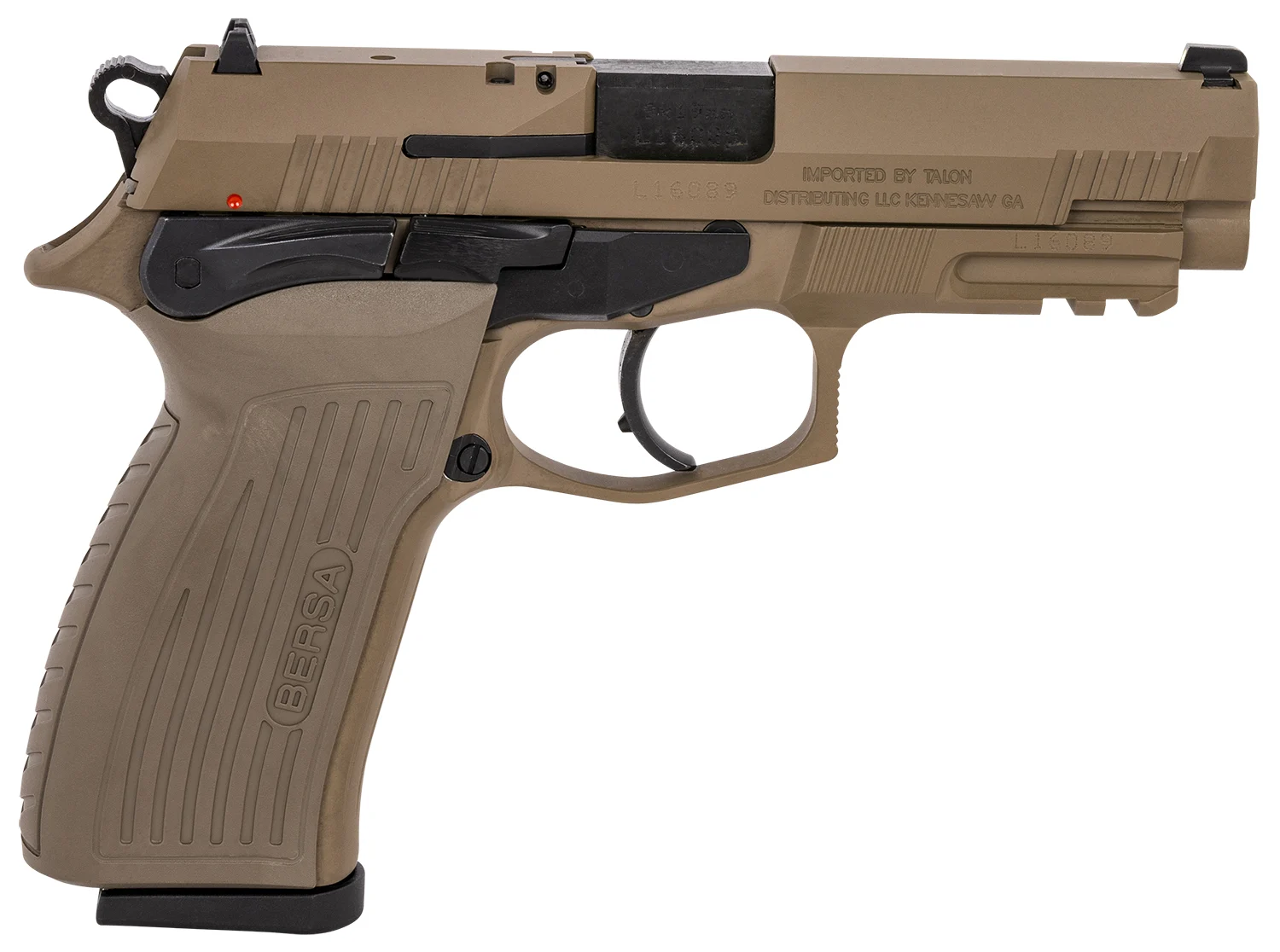 Bersa TPR9FDE TPR Sports South Exclusive Full Size Frame 9mm Luger 17+1, 4.30" Black Steel Barrel, Flat Dark Earth Serrated Steel Slide & Aluminum Frame w/Picatinny Rail, Ambidextrous