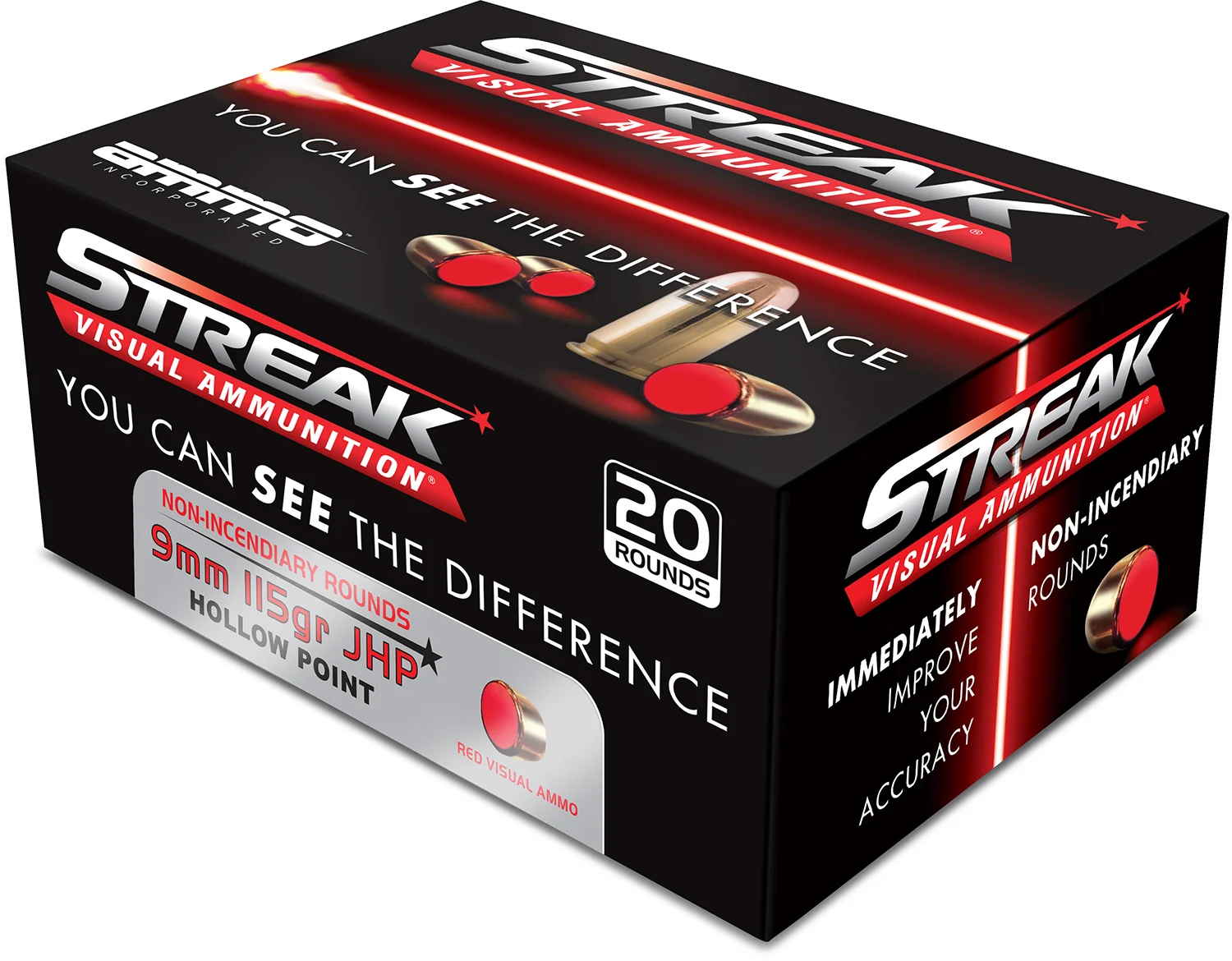 Ammo Inc 9115JHPSTRKRED Streak Visual (RED) 9mm Luger 115gr Jacketed Hollow Point 20 Per Box/10 Case