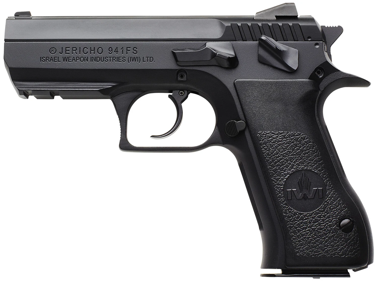 IWI US J941FS910ORP Jericho 941 Mid-Size Frame 9mm Luger 10+1 3.80" Black Chrome Lined Steel Barrel, Black Serrated Steel Slide & Frame w/Beavertail & Picatinny Rail, Black Textured Grips
