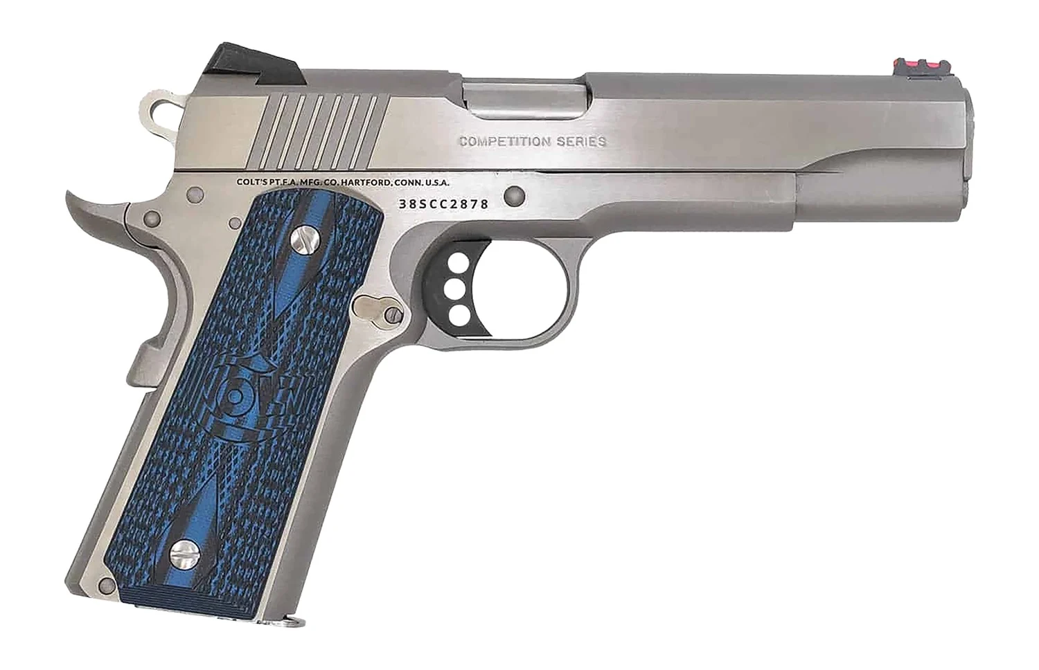 Colt Mfg O1073CCP Competition 38 Super 9+1 5" National Match Barrel, Stainless Steel Serrated Slide, Stainless Steel Frame w/Beavertail, Competition Blue G10 Grip