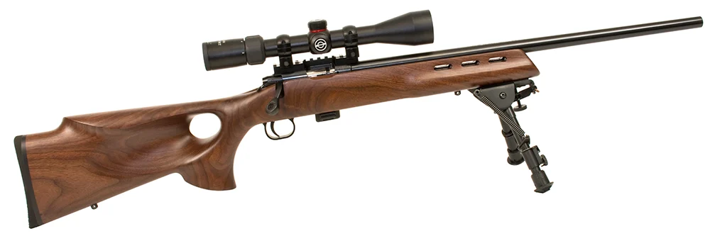 Crickett KSA20030 Model 722 Varmint Package Youth 22 LR 7+1 20" Blued Bull Barrel, Blued Steel Receiver, Fixed Thumbhole Walnut Stock, Includes Simmons 3-9x40mm Scope, Bipod, Case & Scope Rings